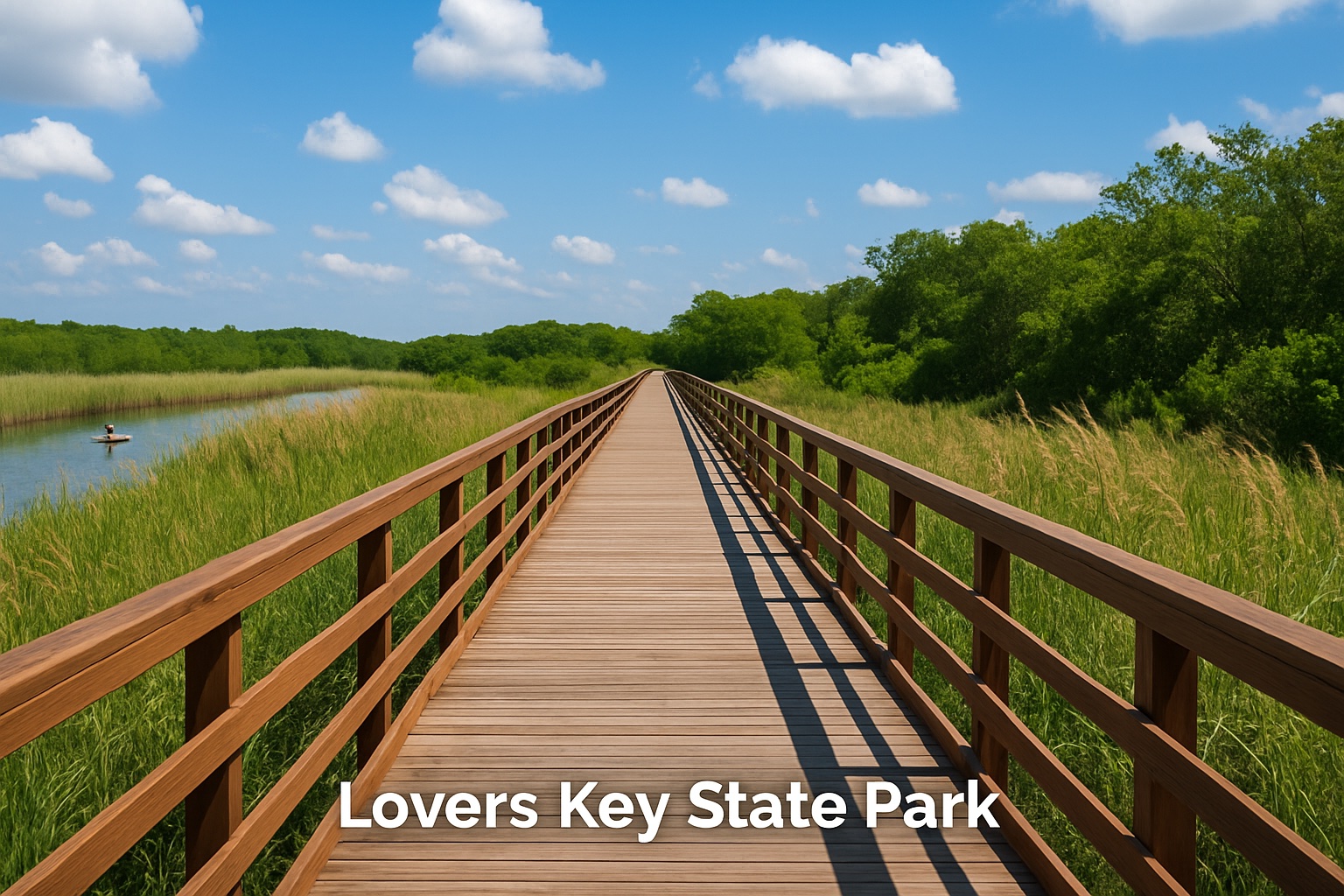 Wooden boardwalk leading through coastal nature at Lovers Key State Park, Bonita Springs, FL.