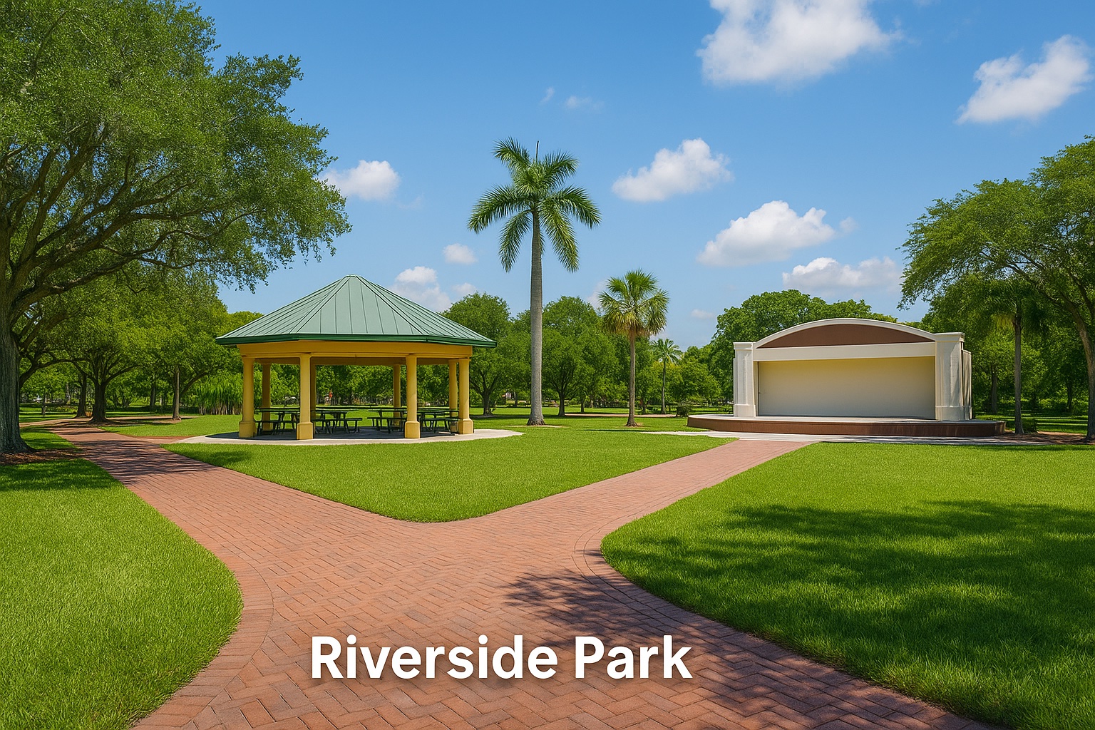 Open green lawn, pavilion, and stage at Riverside Park in downtown Bonita Springs, Florida.
