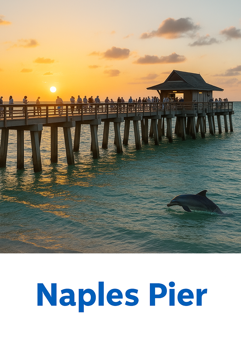 Naples Pier at sunset with dolphins, East Naples landmark