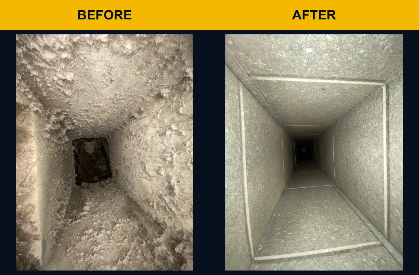 Rectangular HVAC duct section before and after dust removal