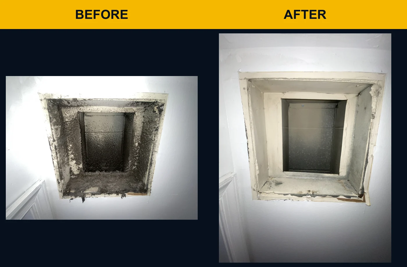 Room-side metal HVAC duct opening before and after dust and debris removal