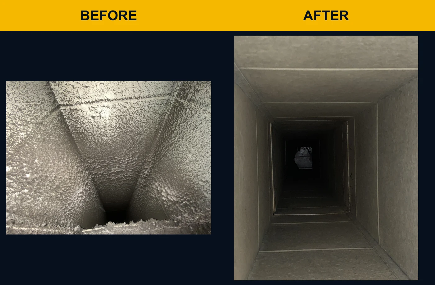 Second rectangular HVAC duct section before and after dust removal
