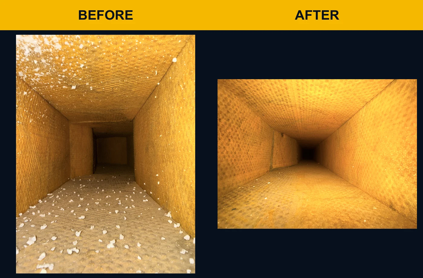 Fibrous-lined rectangular HVAC duct before and after loose-debris removal