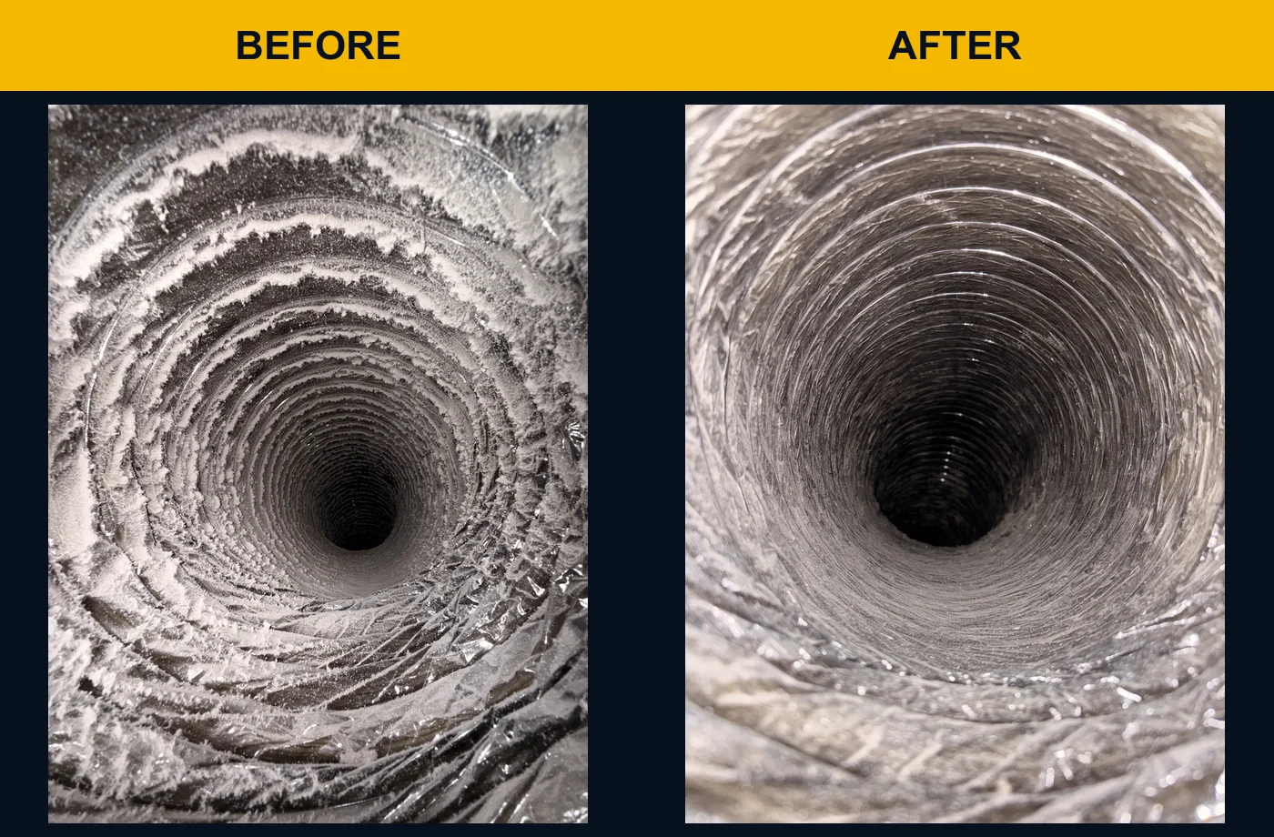 Flexible HVAC duct inner liner before and after visible dust removal
