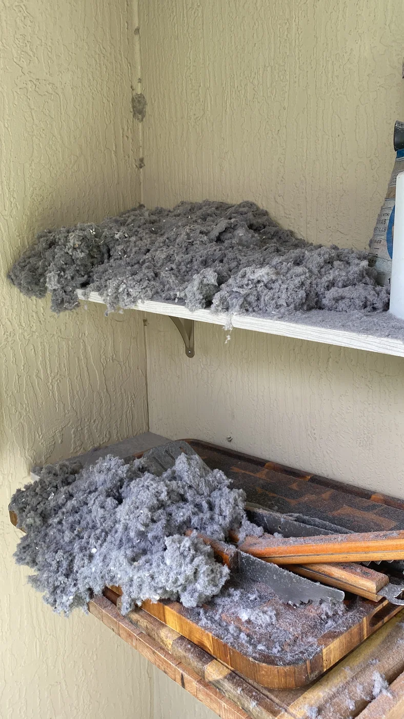 Large piles of lint and debris collected on outdoor work surfaces