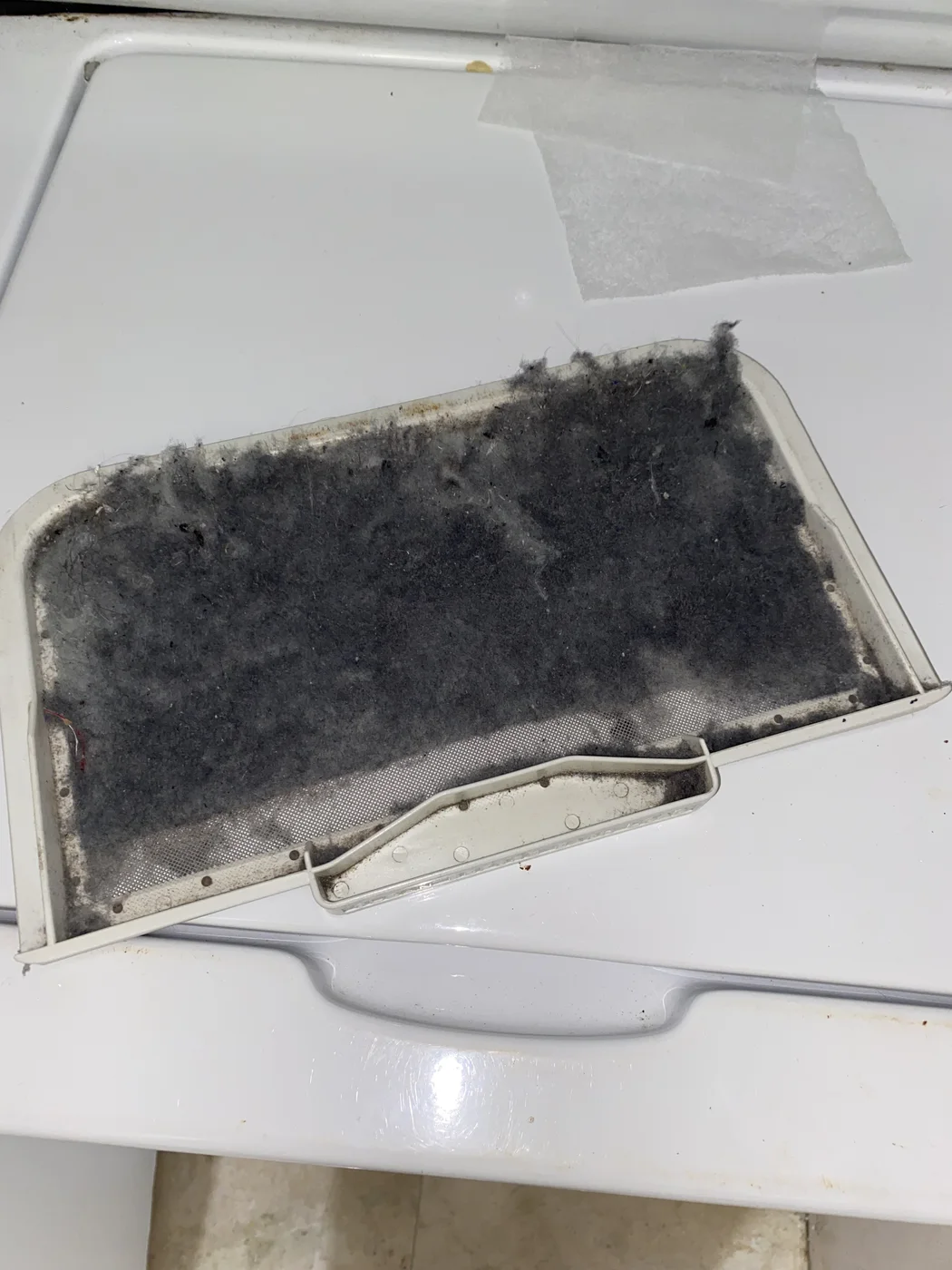 Dryer lint screen covered by a dense layer of lint